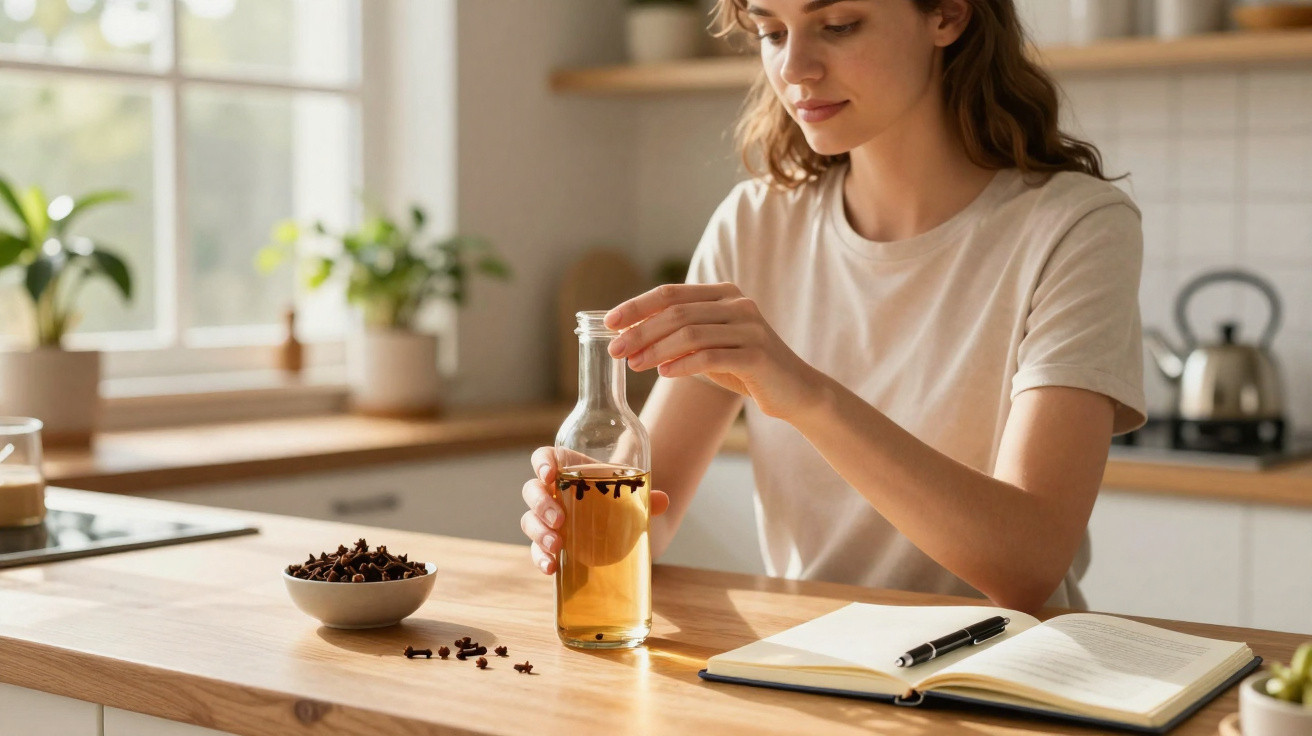 Mulher a preparar infusão com cravinhos numa garrafa transparente numa cozinha luminosa.