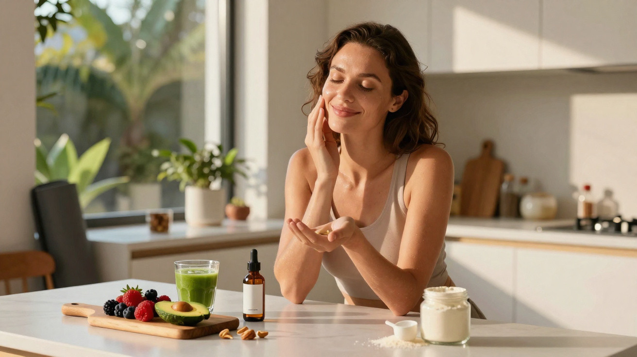 Mulher a aplicar creme no rosto numa cozinha luminosa com frutas, smoothie verde e frasco de creme na mesa.