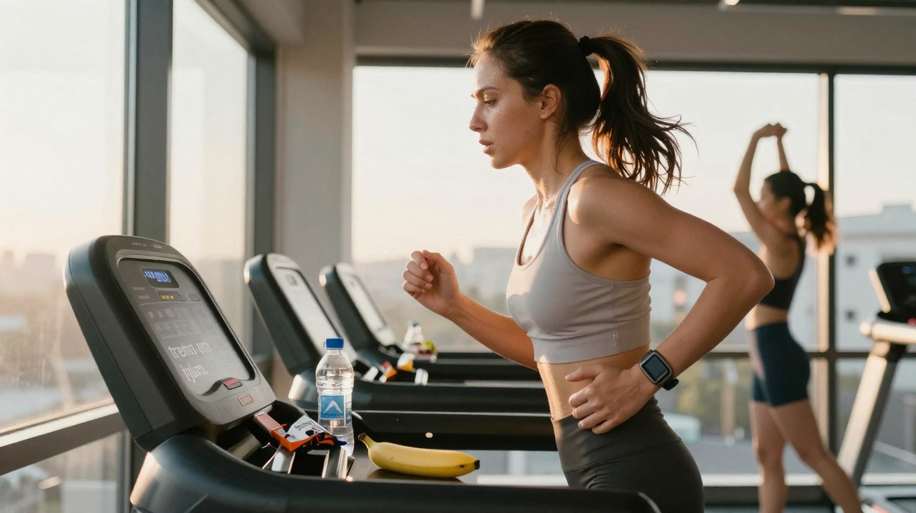 Mulher a correr numa passadeira numa sala de ginásio com luz natural e garrafa de água e banana.
