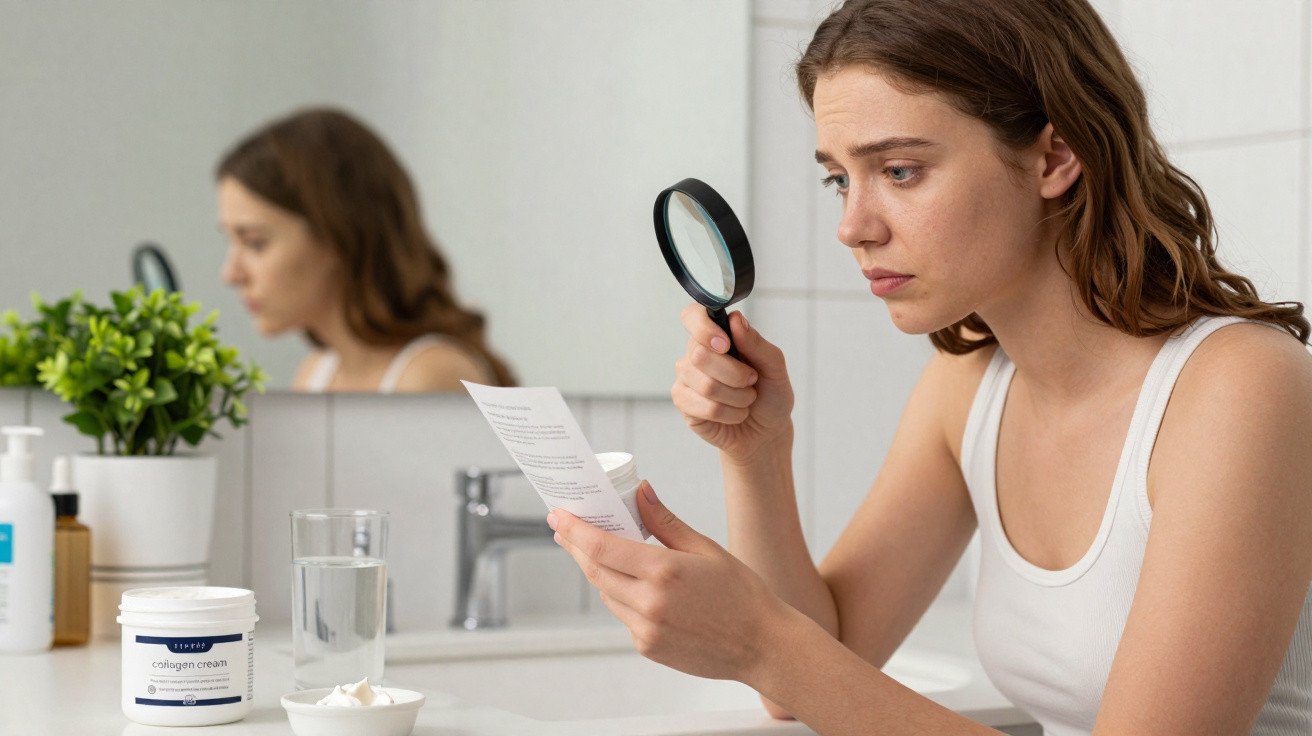 Mulher confusa lê instruções com lupa enquanto segura um frasco de creme numa casa de banho moderna.