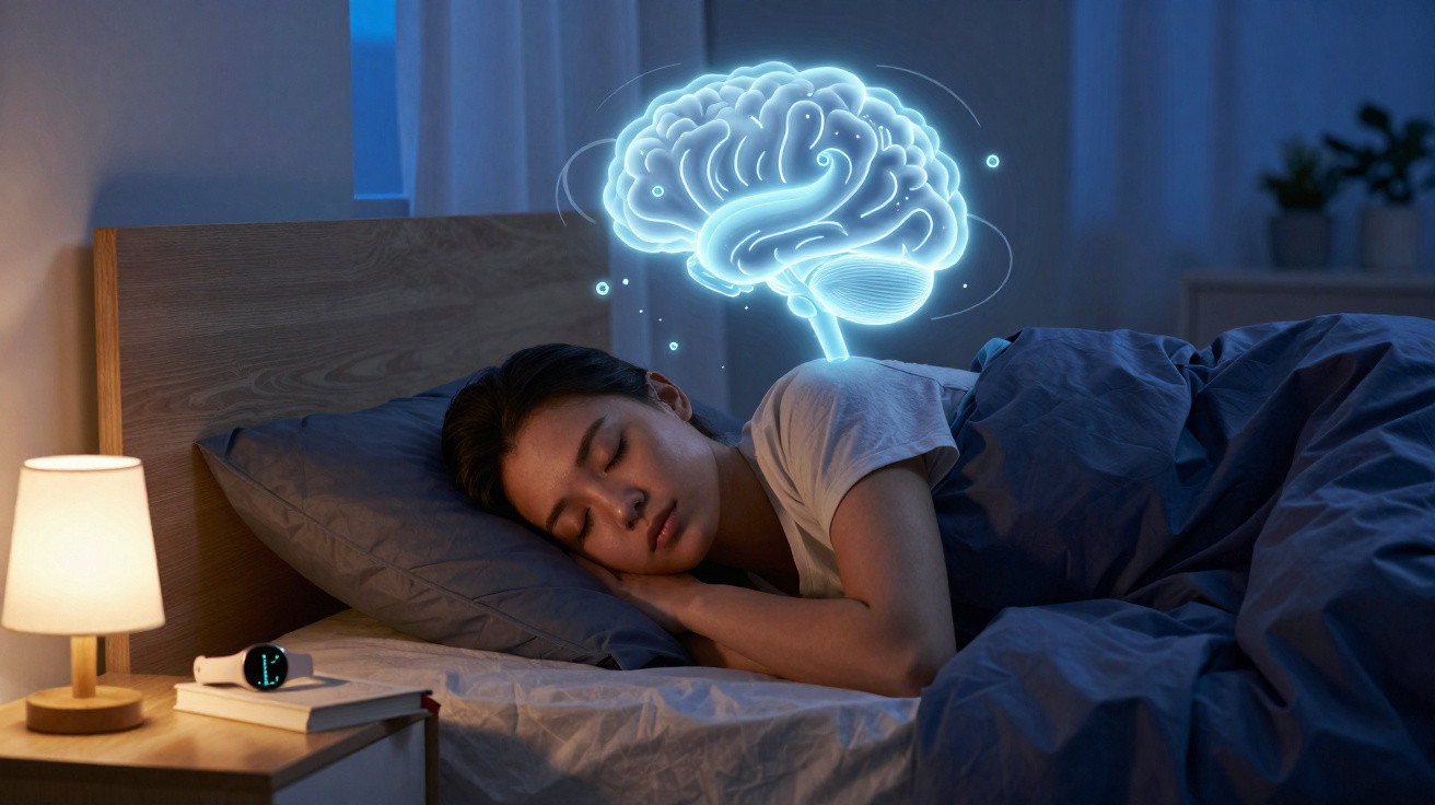 Pessoa a dormir na cama com ilustração digital de cérebro azul brilhante acima da cabeça.