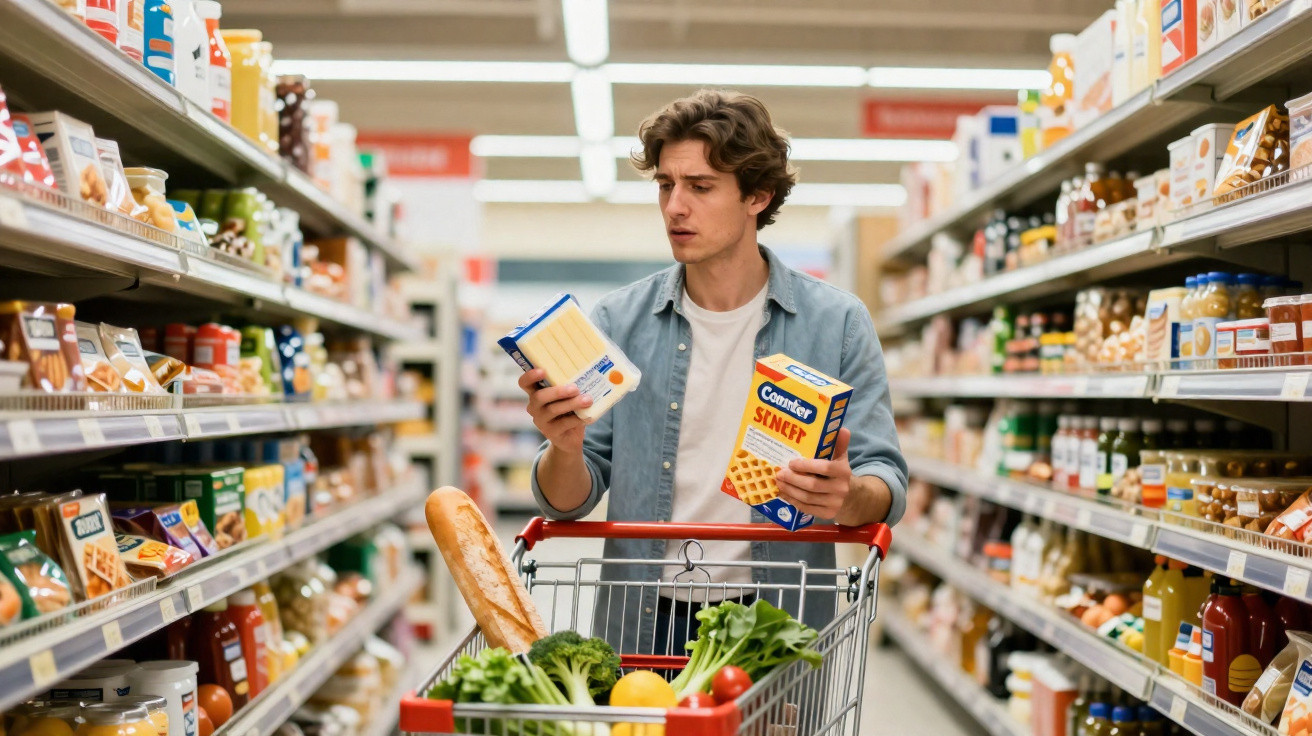 Homem em supermercado compara produtos alimentares enquanto faz compras com carrinho cheio.