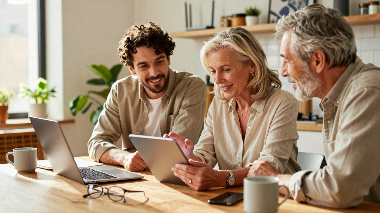 Três adultos sentados à mesa, olhando e sorrindo para um tablet numa sala luminosa e acolhedora.