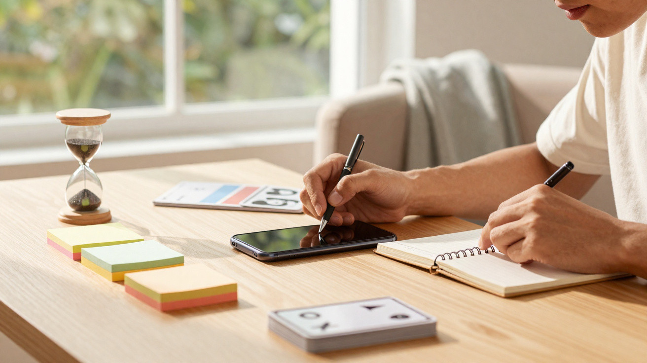 Pessoa a escrever num caderno com uma mão e a usar uma caneta num tablet com a outra, numa mesa com notas e ampulheta.
