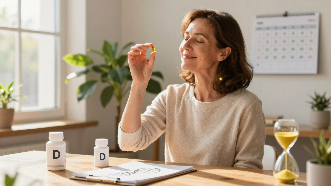 Mulher adulta segura cápsula de vitamina D sorrindo, com frascos e ampulheta numa mesa iluminada.