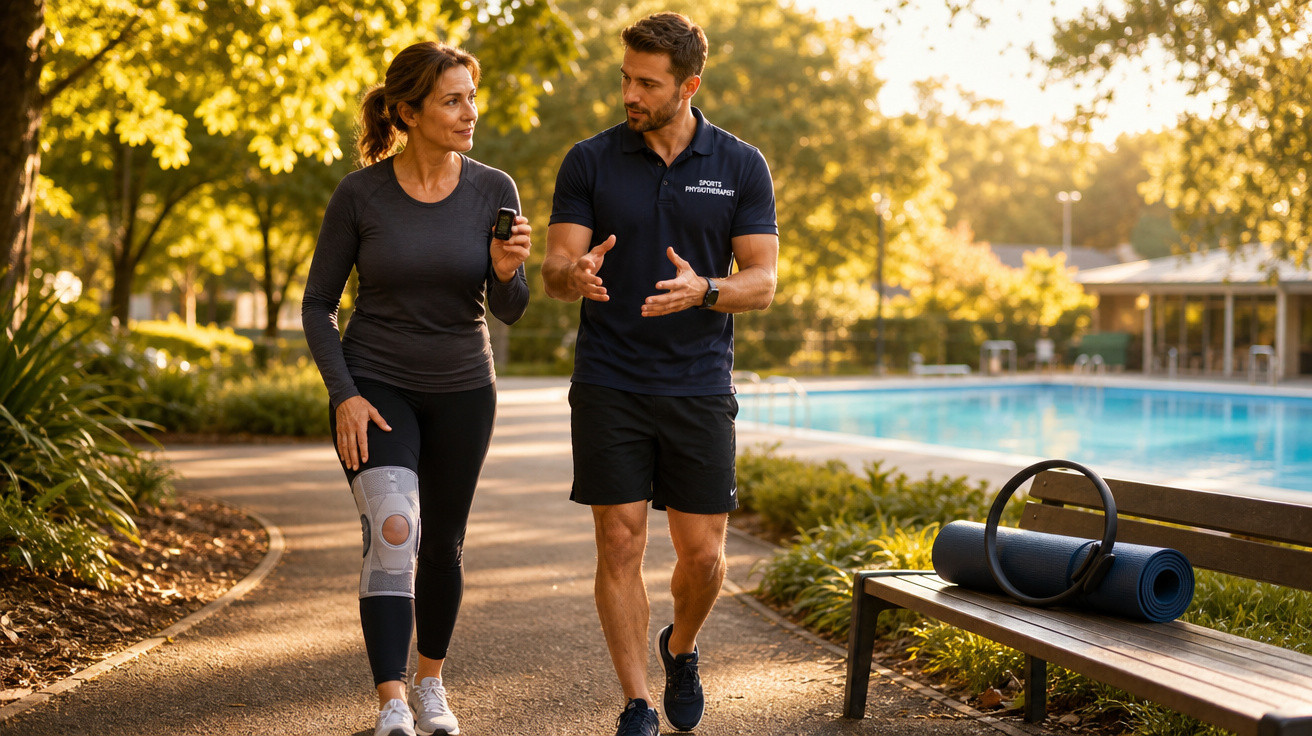 Mulher com joelheira a caminhar ao lado de fisioterapeuta desportivo junto a piscina em parque.