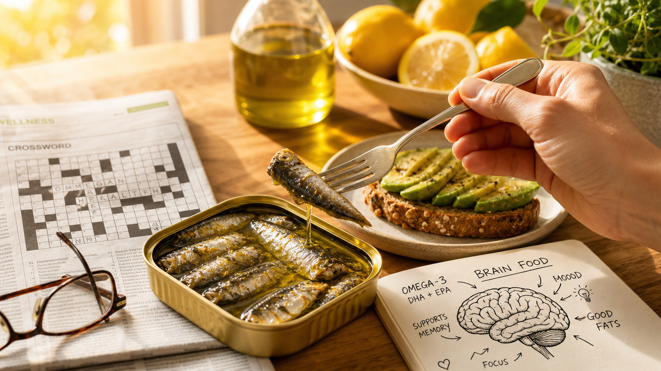 Pessoa a pegar uma sardinha em azeite com garfo, pão com abacate, limões e caderno com desenho de cérebro.