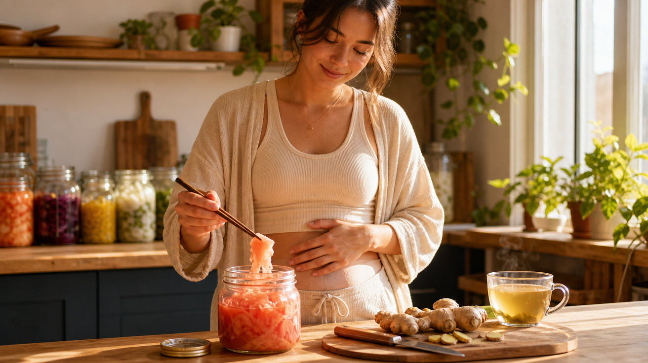 Mulher sorridente a preparar gengibre em conserva na cozinha luminosa e acolhedora, com chá ao lado.