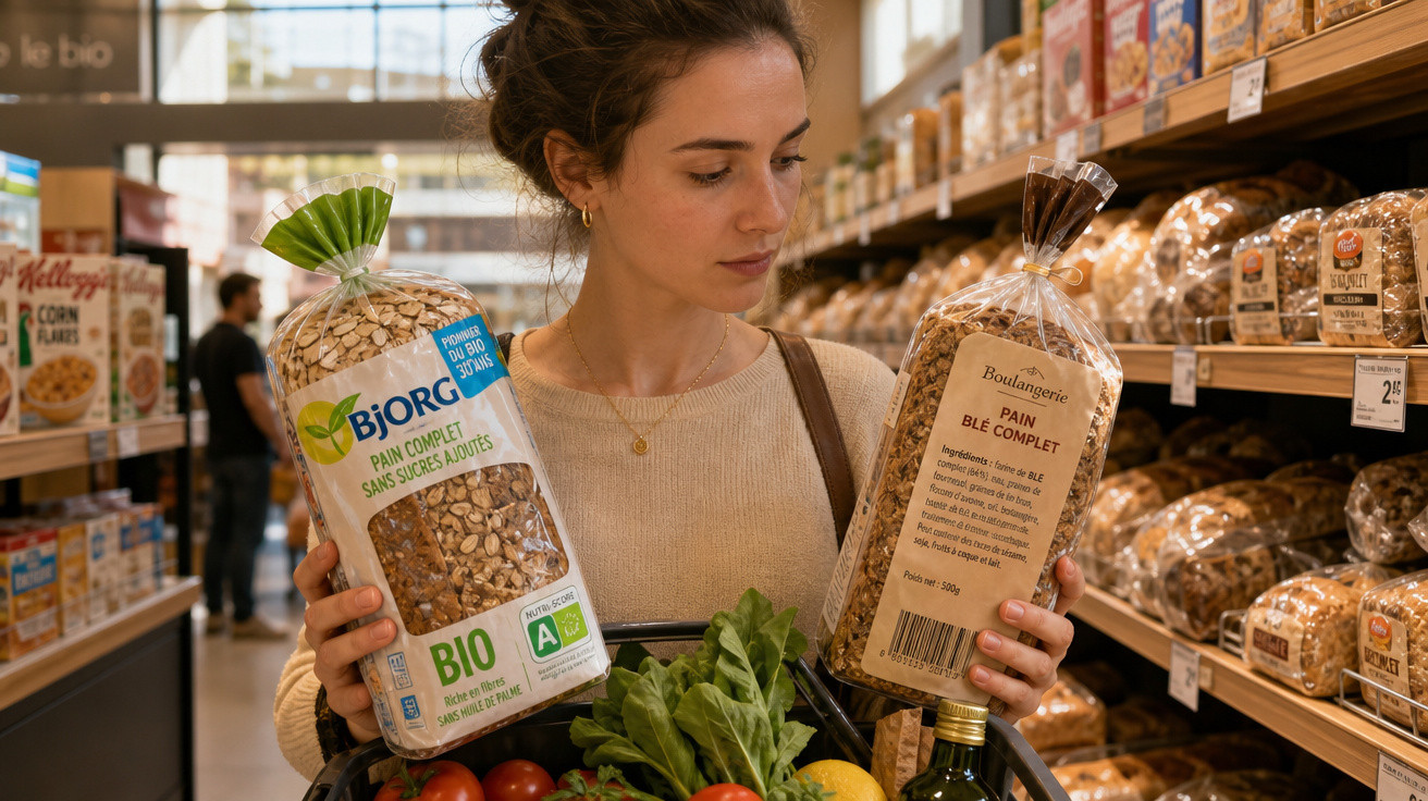 Mulher a segurar dois pacotes de pão integral num supermercado, com carrinho cheio de legumes.