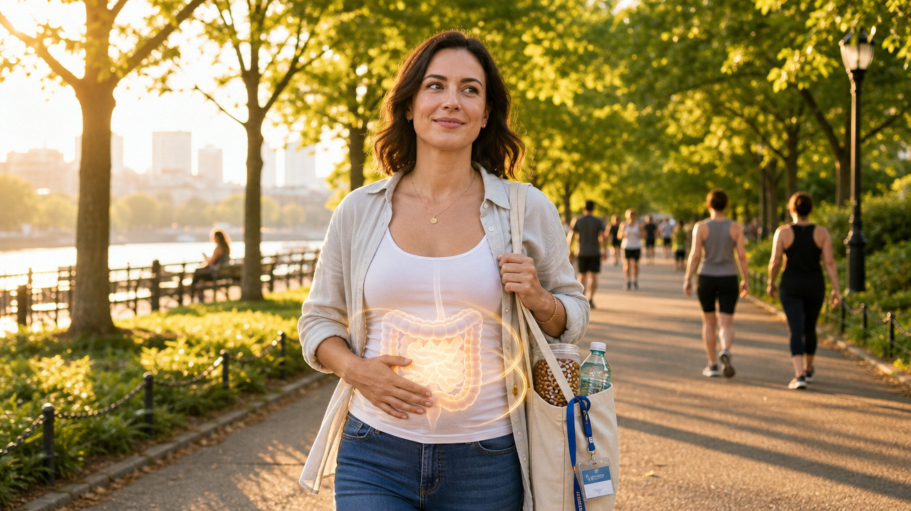 Mulher sorridente a passear num parque com ilustração digital do sistema digestivo visível na barriga.