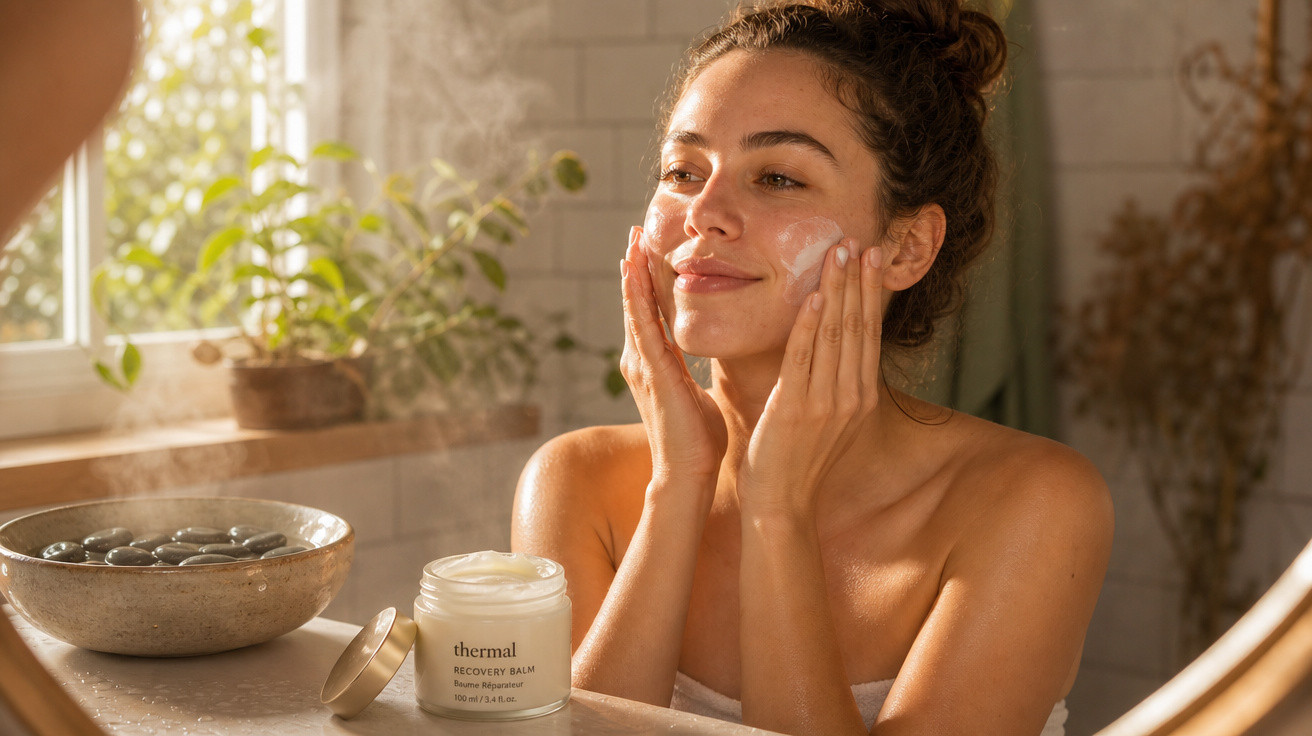 Mulher aplica creme facial num ambiente acolhedor com luz natural e plantas na janela.