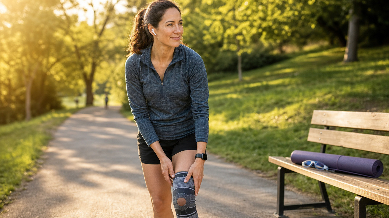 Mulher com roupa desportiva e auriculares ajusta joelheira num parque durante treino ao ar livre.