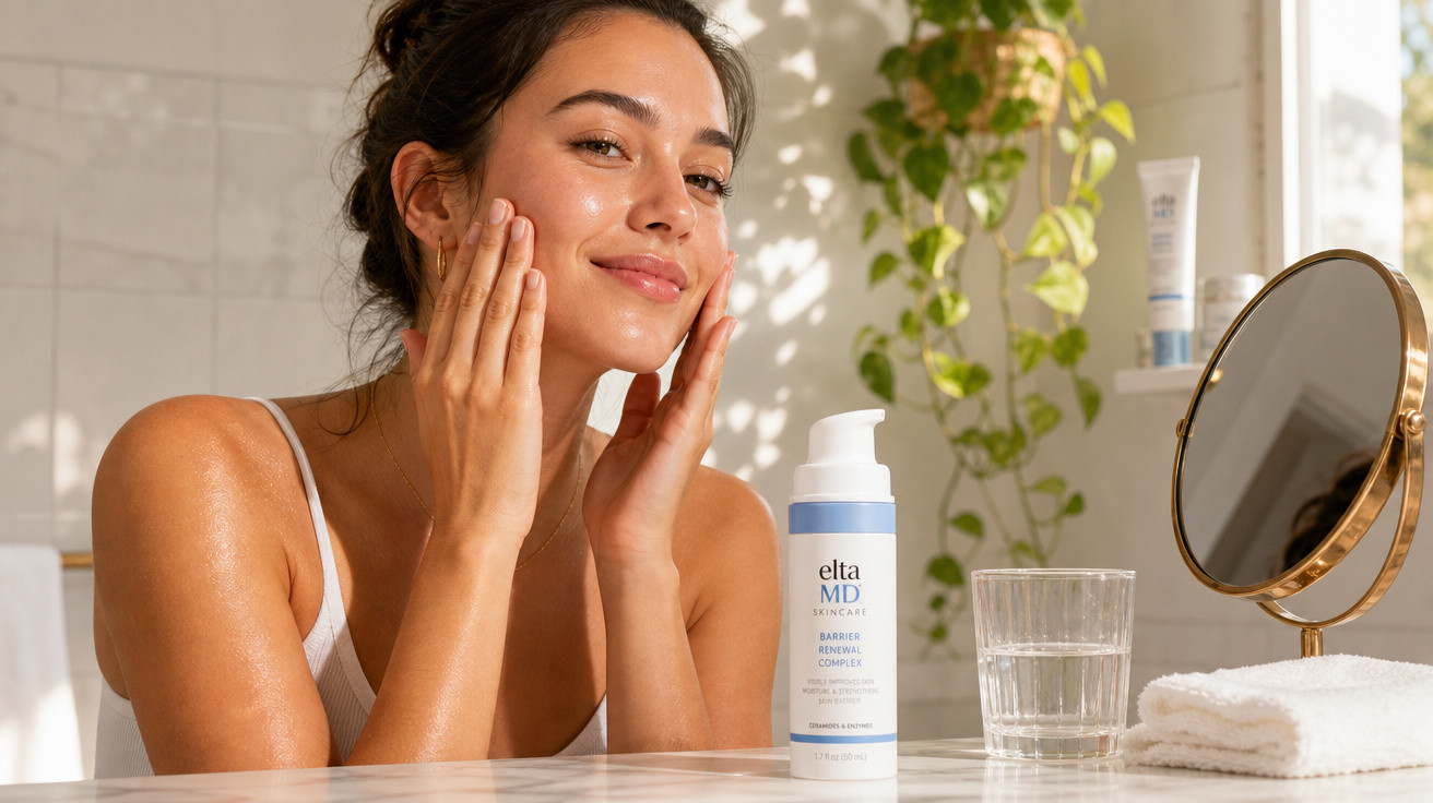 Mulher a aplicar creme facial EltaMD, sentada à mesa com toalha, copo de água e espelho redondo dourado.