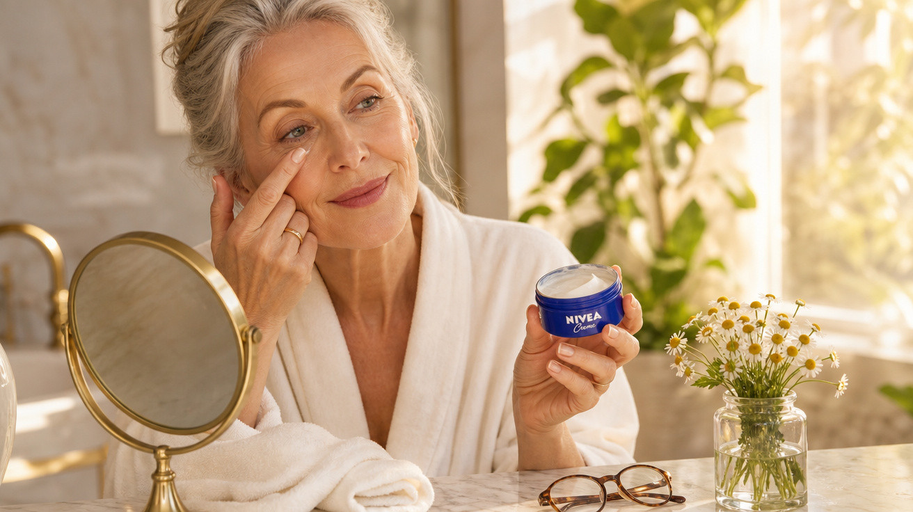 Mulher madura em robe branco aplica creme Nivea no rosto junto a espelho e flores numa mesa luminosa.