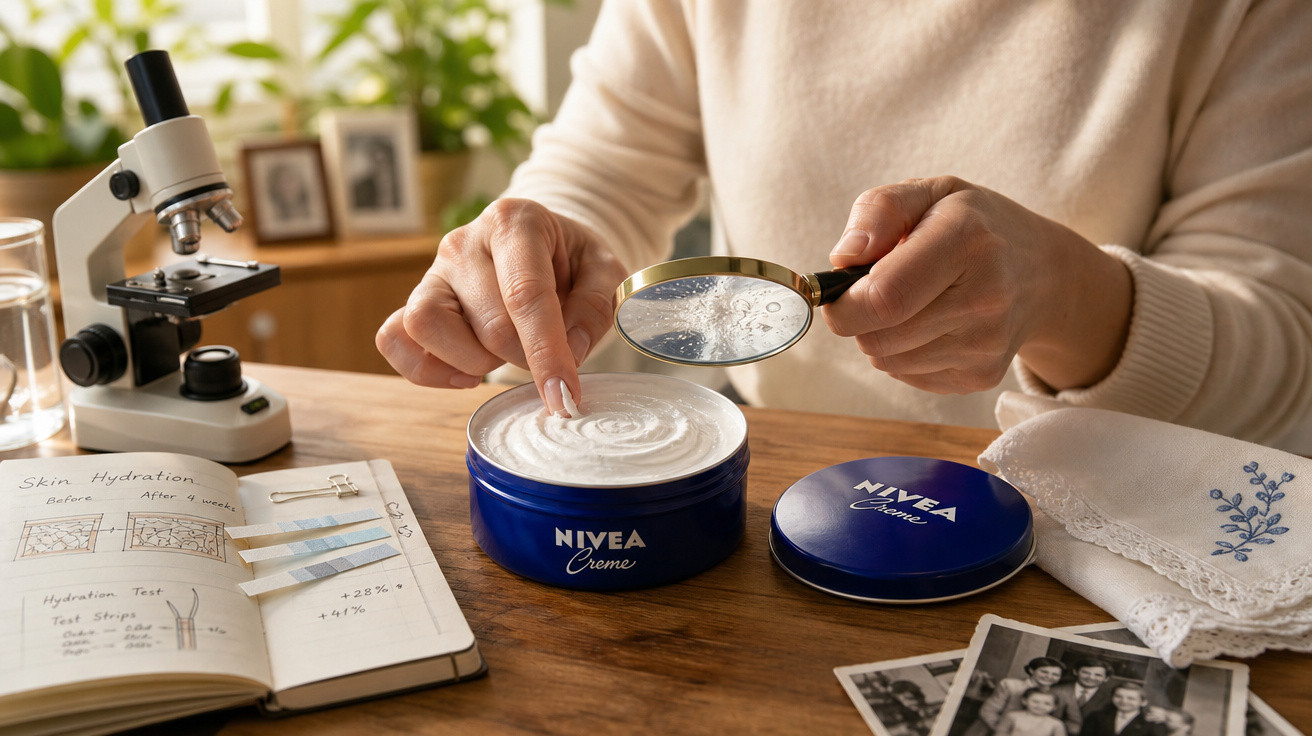 Pessoa observa creme Nivea com lupa, ao lado de microscópio, caderno com notas e fotos antigas numa mesa de madeira.