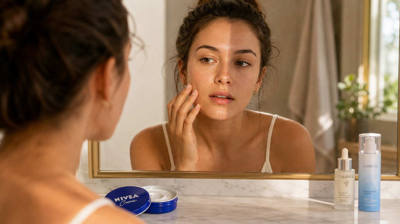 Mulher a aplicar creme facial perante espelho numa bancada com produtos de cuidado da pele.