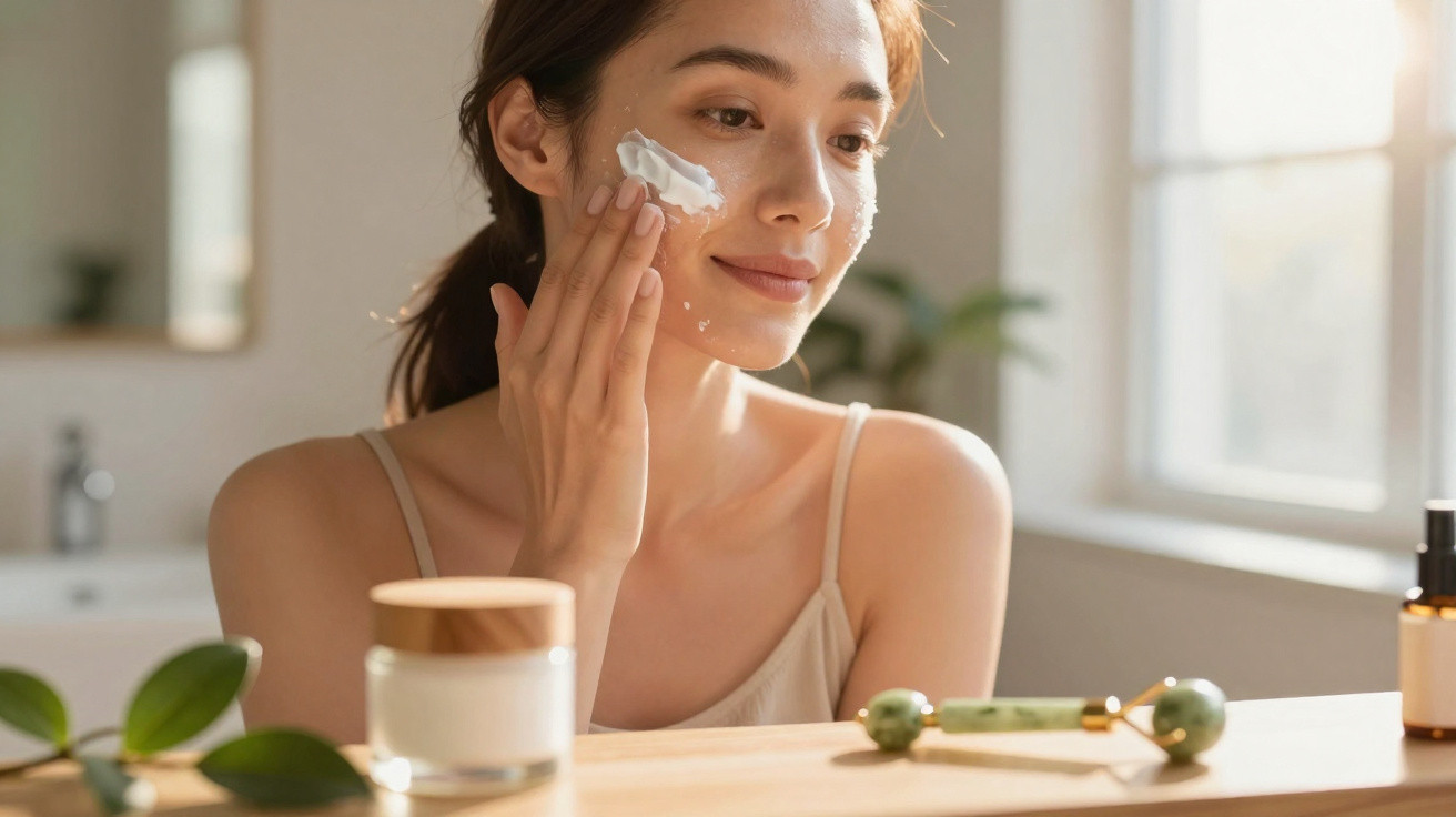 Mulher a aplicar creme hidratante no rosto em ambiente iluminado com produtos de beleza numa mesa.