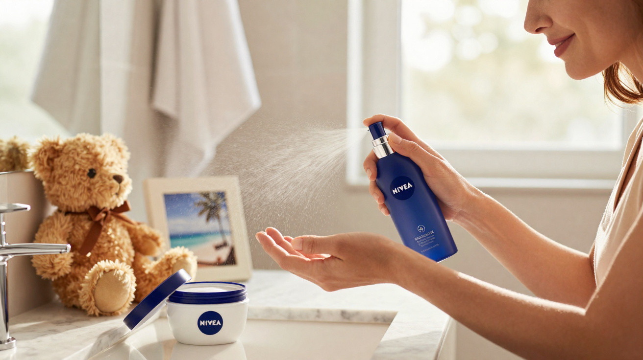 Pessoa a aplicar spray hidratante Nivea nas mãos numa casa de banho iluminada.