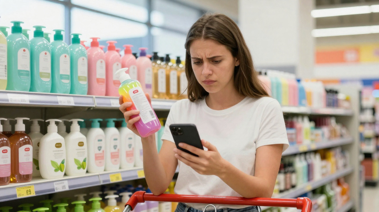 Mulher a olhar para o telemóvel enquanto segura uma garrafa de produto na mão num supermercado.