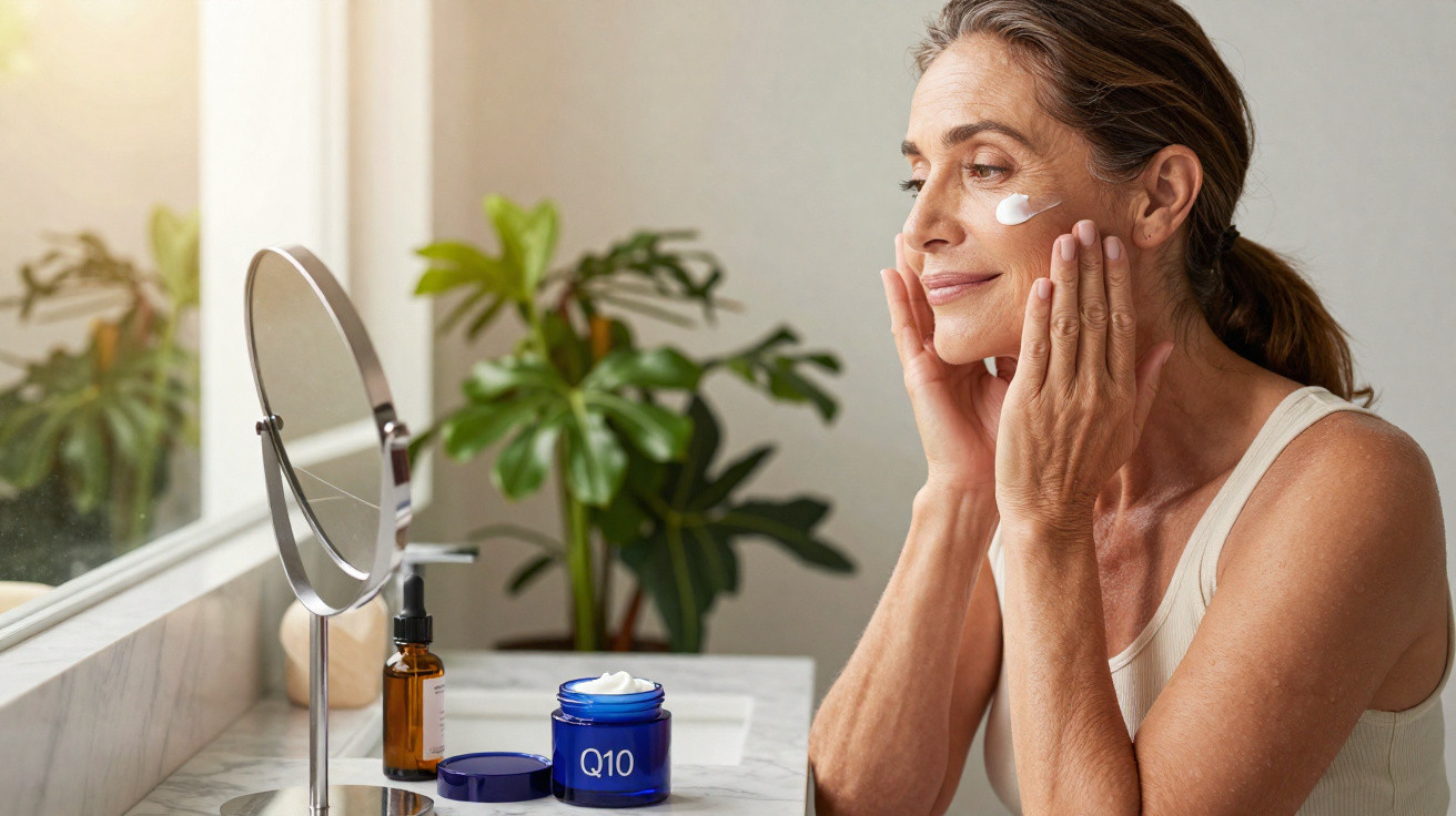 Mulher madura a aplicar creme facial ao lado de espelho e plantas num ambiente luminoso.
