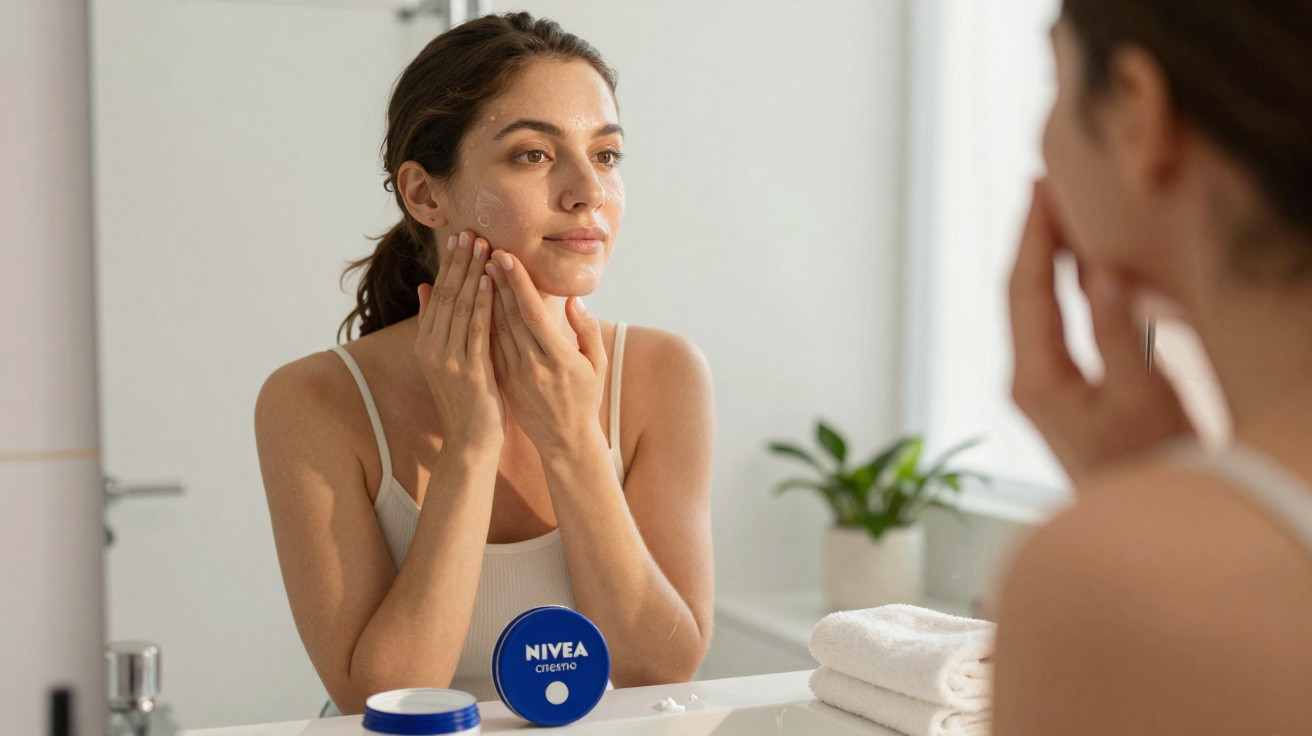 Mulher a aplicar creme Nivea no rosto em frente ao espelho numa casa de banho iluminada.