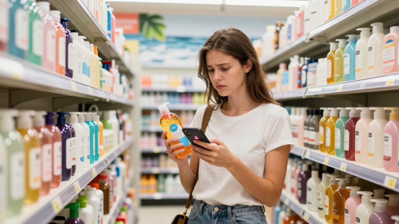 Jovem mulher numa loja, a analisar um gel de banho enquanto consulta o telemóvel.
