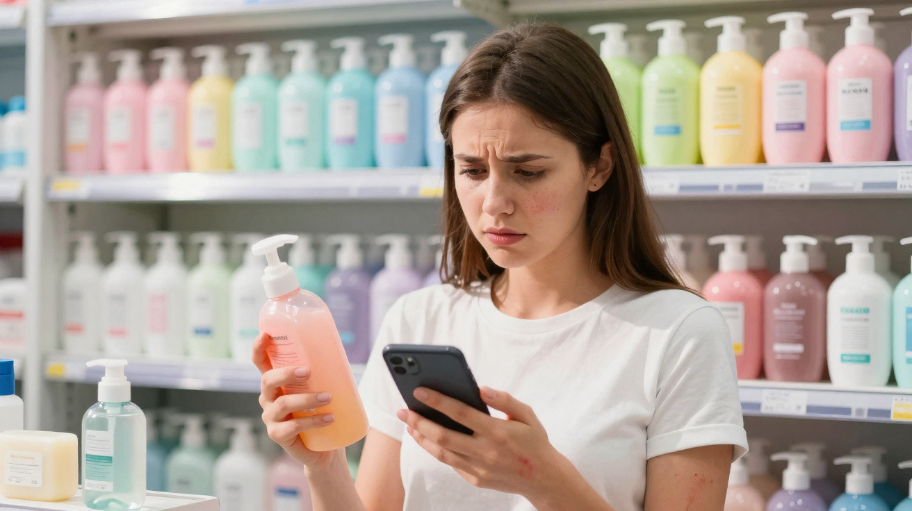 Mulher preocupada lê informações no telemóvel enquanto segura frasco de produto num supermercado.