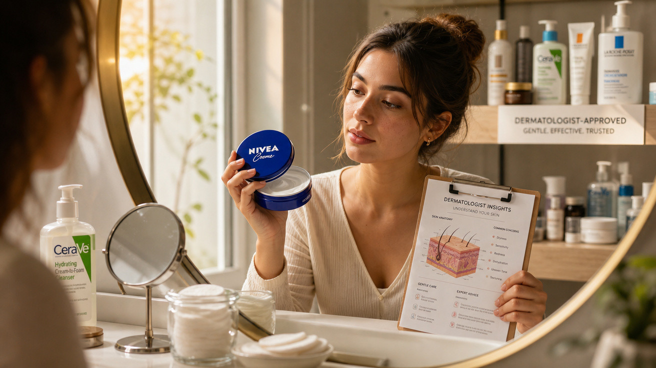 Mulher olha creme Nivea e segura quadro explicativo sobre cuidados dermatológicos em frente a espelho.