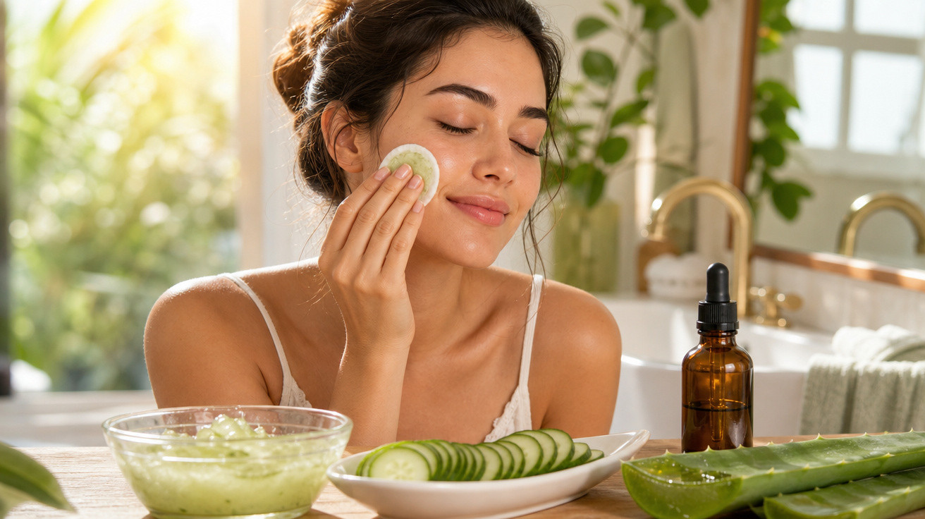 Mulher com cabelo apanhado a limpar o rosto com disco de algodão, ao lado de pepino e aloe vera.