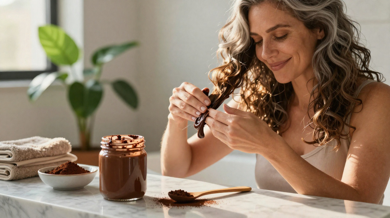 Mulher a aplicar máscara capilar caseira de chocolate nos cabelos num espaço luminoso e acolhedor.