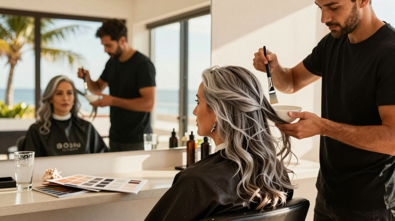 Homem aplica coloração no cabelo de mulher loira num salão de cabeleireiro com vista para a praia.