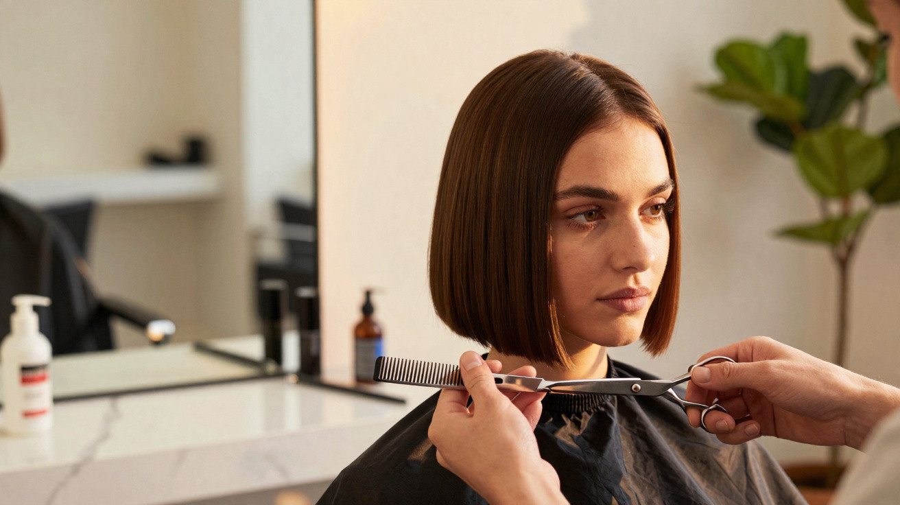 Jovem com cabelo castanho curto a receber corte de cabelo num salão, com expressão pensativa e lágrima no rosto.