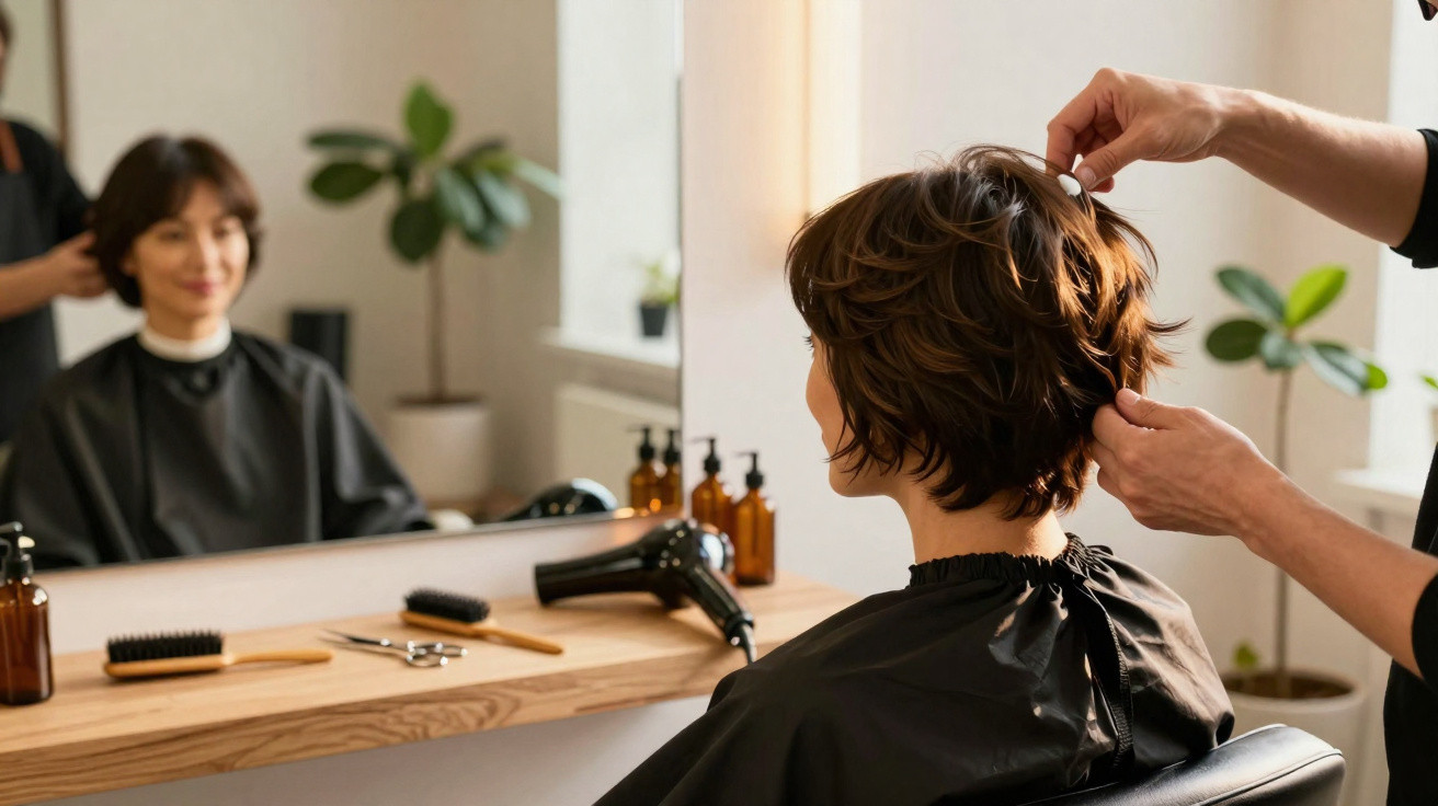 Mulher com cabelo curto a ser penteada por cabeleireiro num salão de beleza moderno.