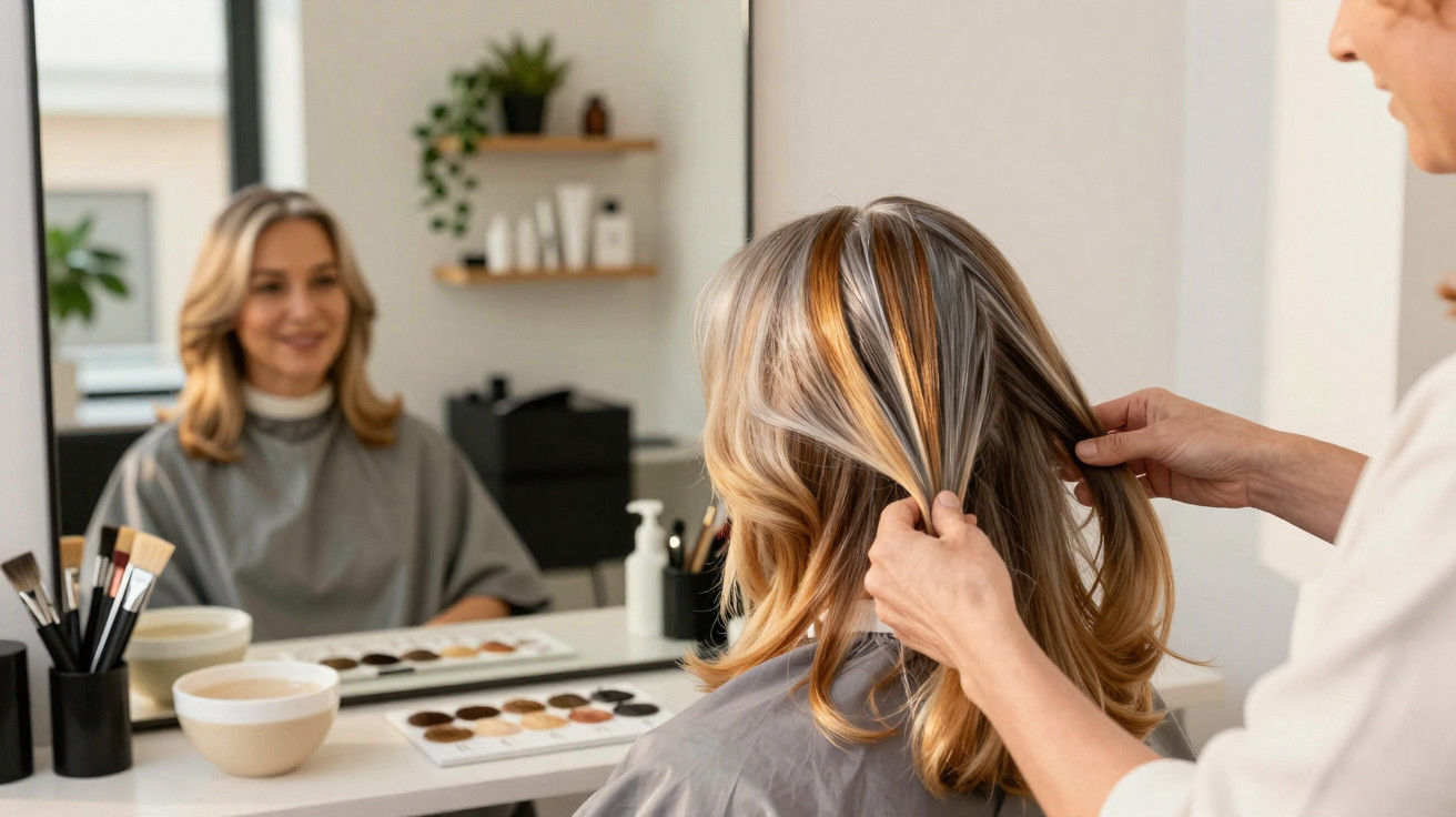 Mulher no cabeleireiro a escolher a cor do cabelo com profissional, refletida num espelho grande.