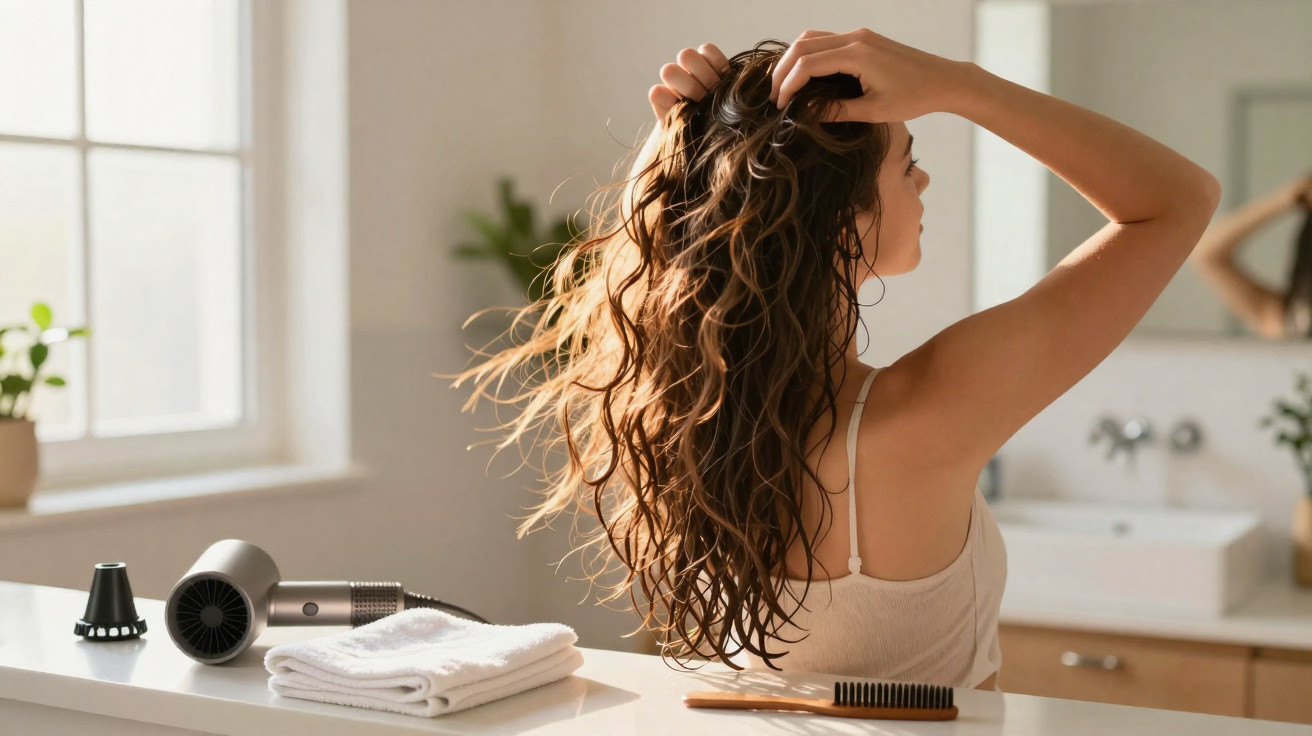 Mulher com cabelo comprido e ondulado a arranjar o cabelo numa casa de banho iluminada.
