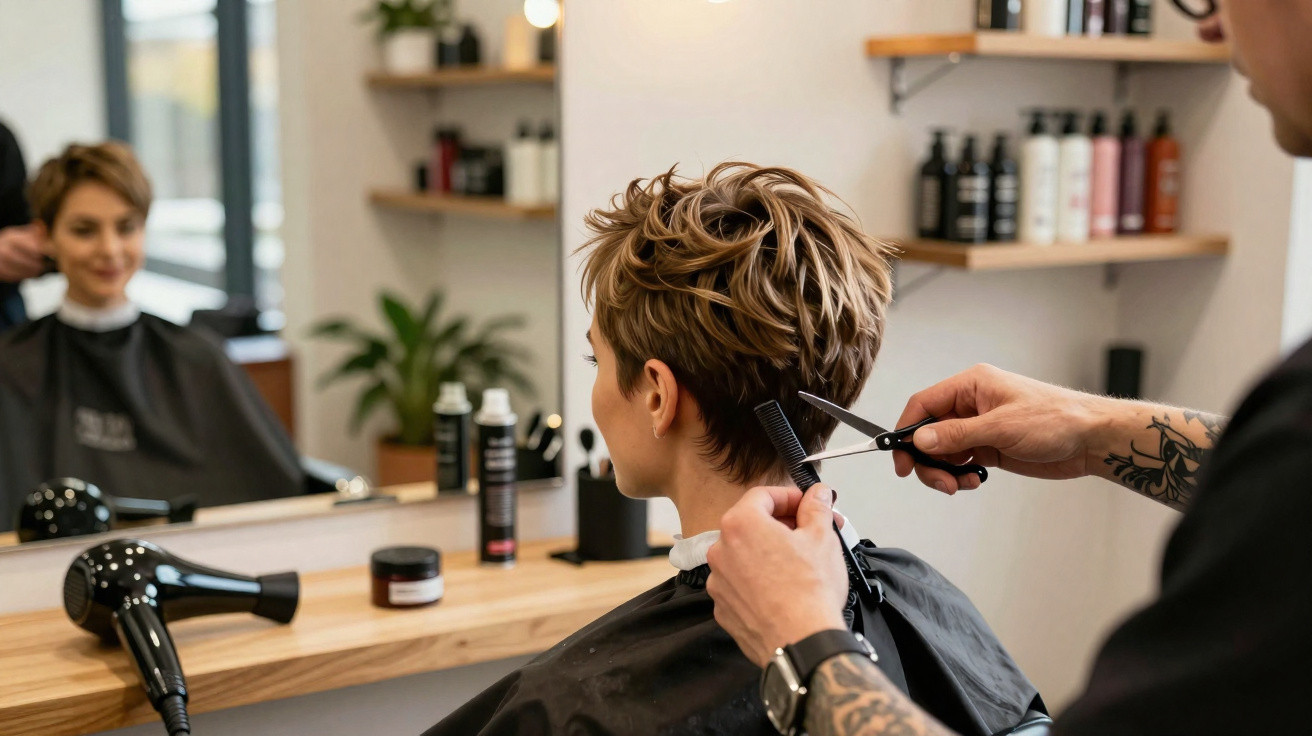 Pessoa com cabelo curto a ser cortado num salão de cabeleireiro, espelho e produtos de cabelo ao fundo.