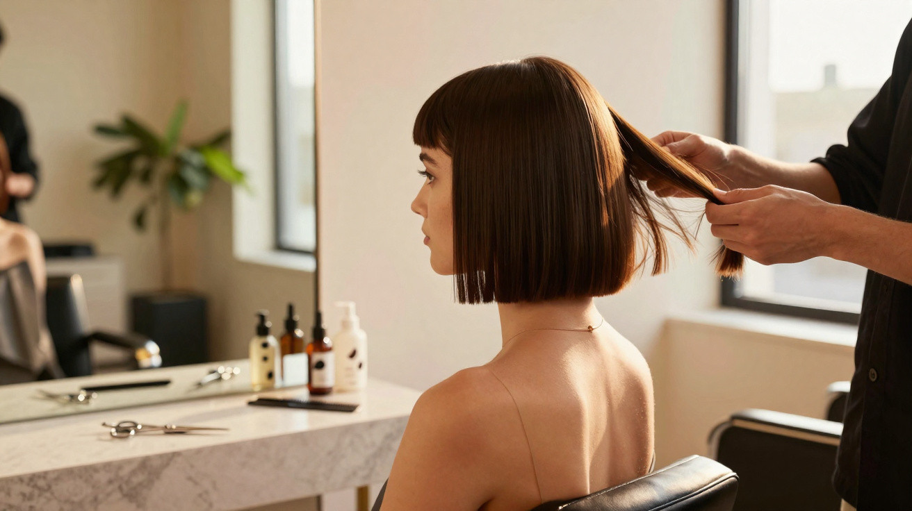 Mulher com cabelo curto castanho preparado para corte num salão de cabeleireiro moderno.