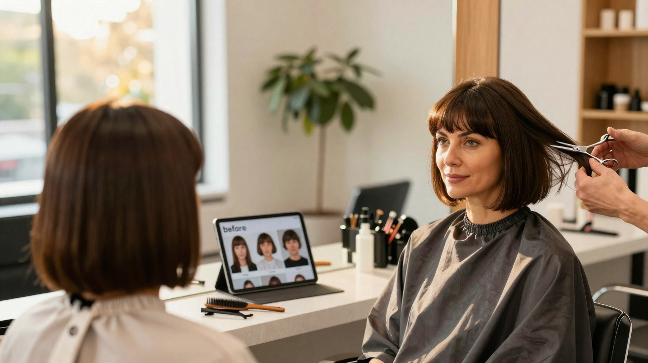 Mulher a cortar cabelo num salão de cabeleireiro com imagens de cortes numa tablet em frente.