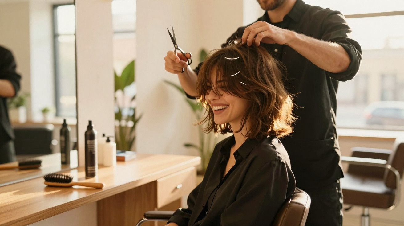Mulher sorridente a cortar o cabelo num salão de cabeleireiro moderno e iluminado.