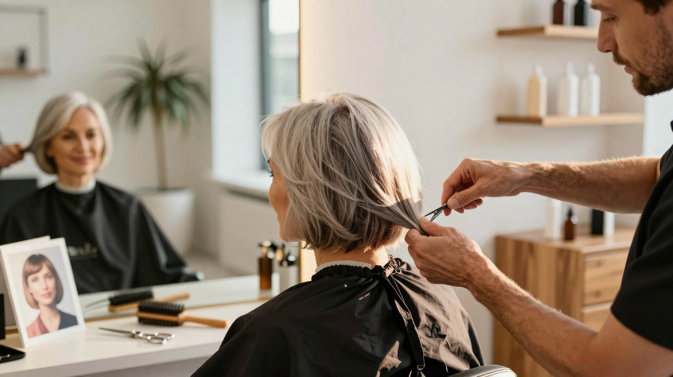 Homem a cortar cabelo cinzento de mulher idosa num salão de cabeleireiro moderno.