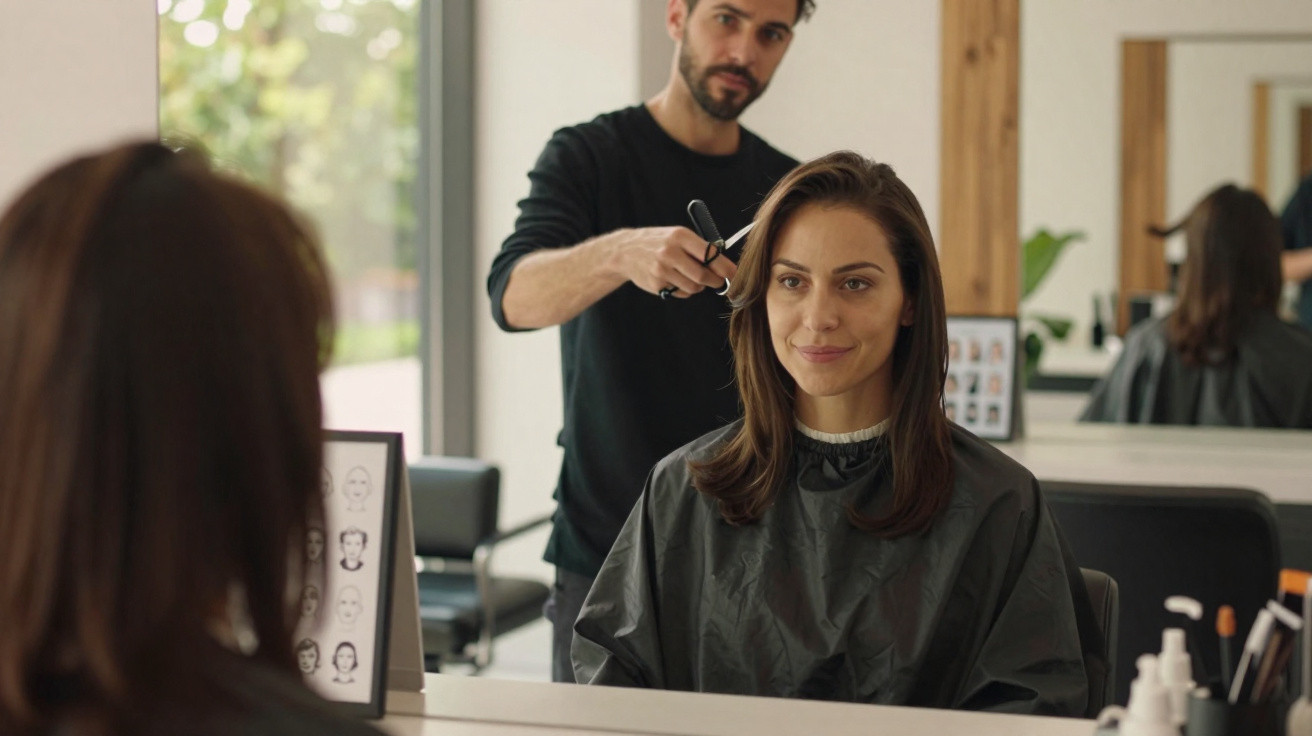 Mulher sentada no cabeleireiro a olhar para o espelho enquanto o cabeleireiro está a cortar o seu cabelo.