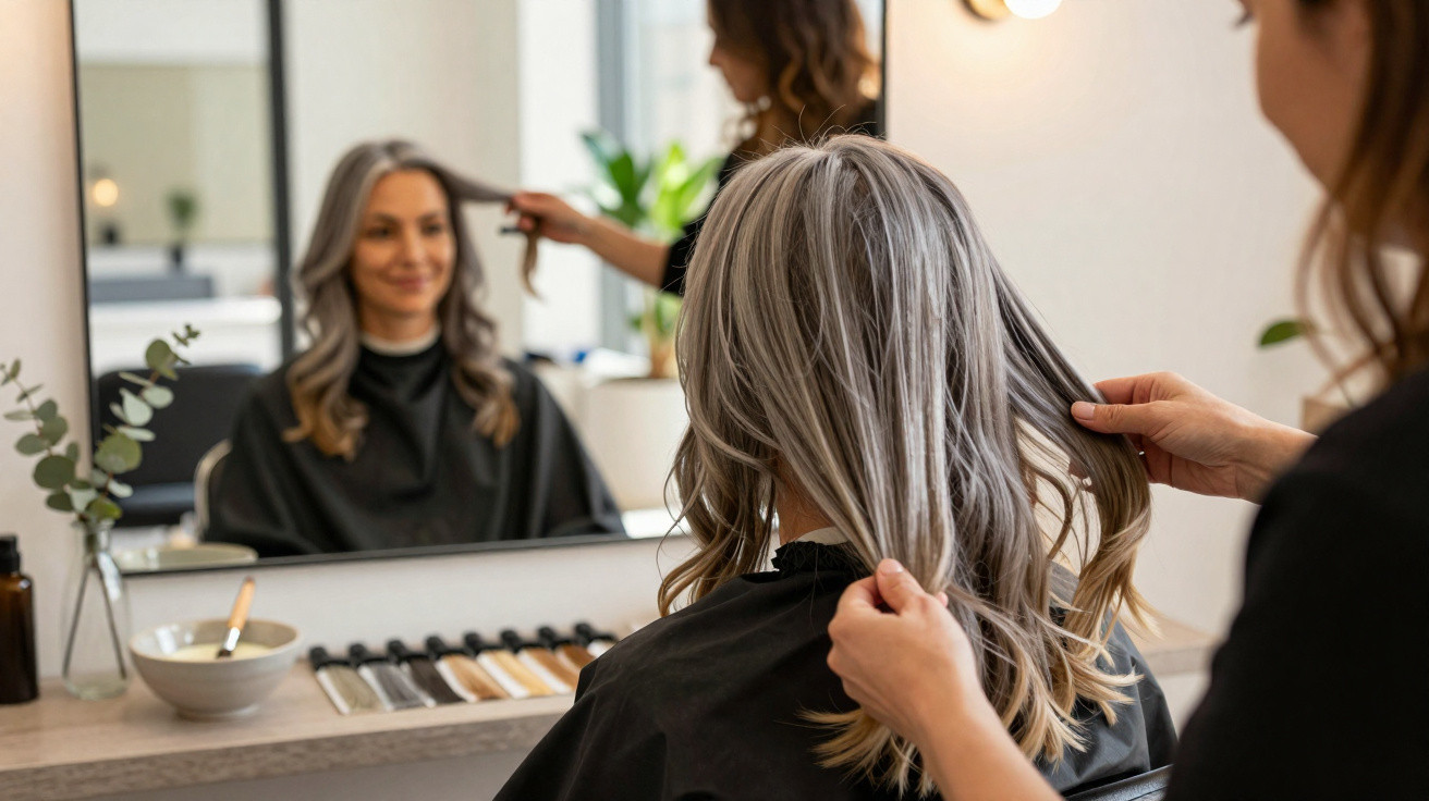 Mulher com cabelo grisalho a ser atendida por cabeleireira num salão de beleza moderno.