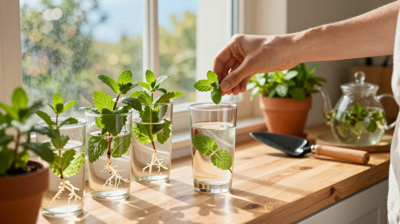 Mãos a colocar folhas de hortelã em copos de água para enraizamento numa cozinha com luz natural.