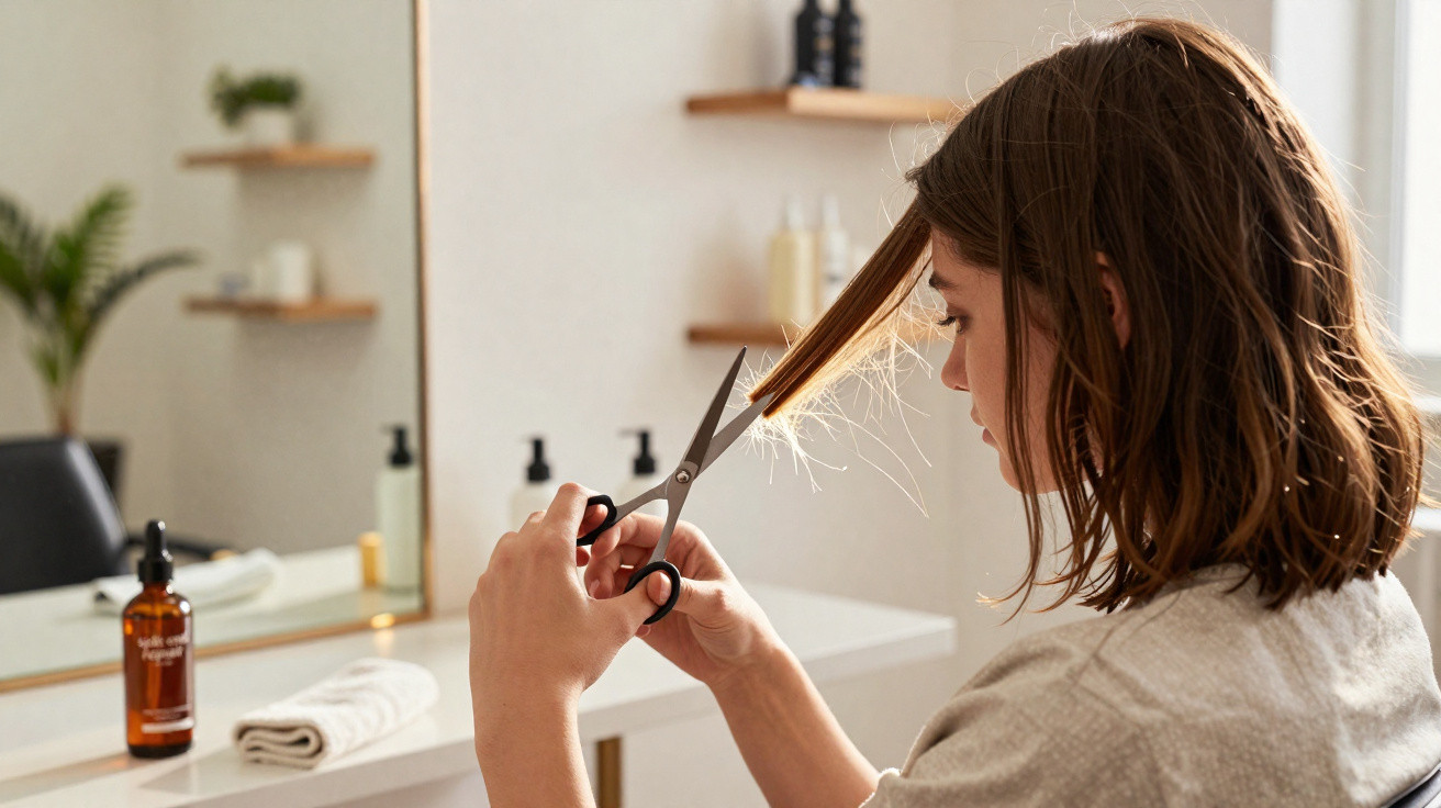 Mulher corta o próprio cabelo com tesoura em casa diante de um espelho num ambiente iluminado e organizado.