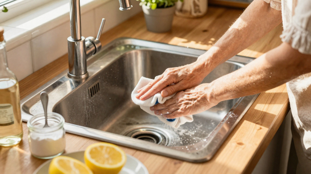 Mãos de uma pessoa a limpar uma pia metálica na cozinha com um pano branco, limão e recipientes na bancada.