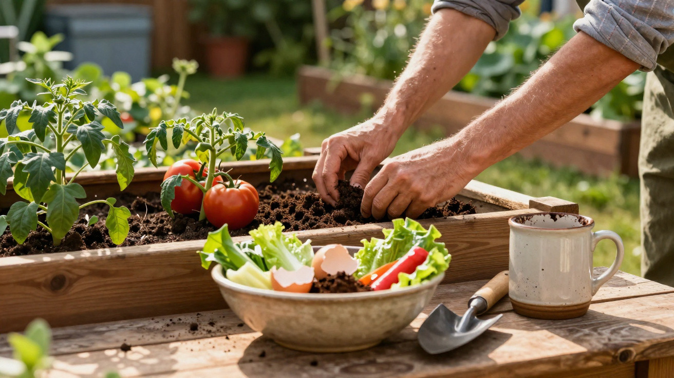 Mãos a plantar sementes na terra de uma horta com tomates maduro, tigela com restos vegetais e utensílio de jardinagem.