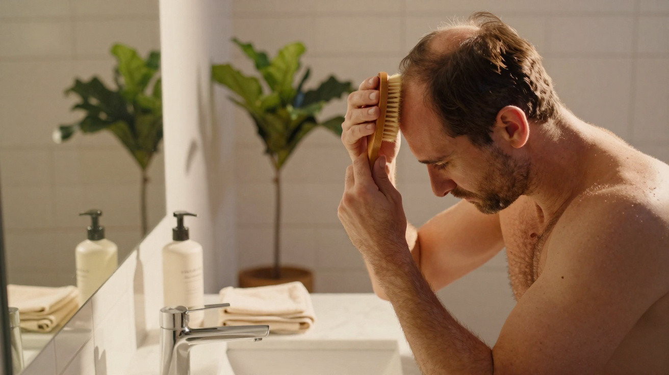 Homem careca a pentear o cabelo em casa, ao lado de uma pia e com planta no fundo.