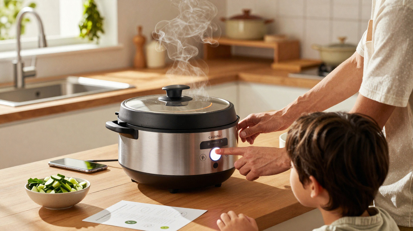 Pessoa a ligar panela elétrica com vapor, criança observa, numa cozinha moderna e iluminada.