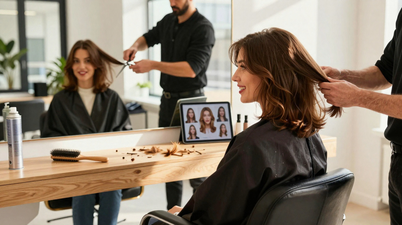 Mulher sorridente a cortar cabelo num salão com cabeleireiro e espelho à frente.