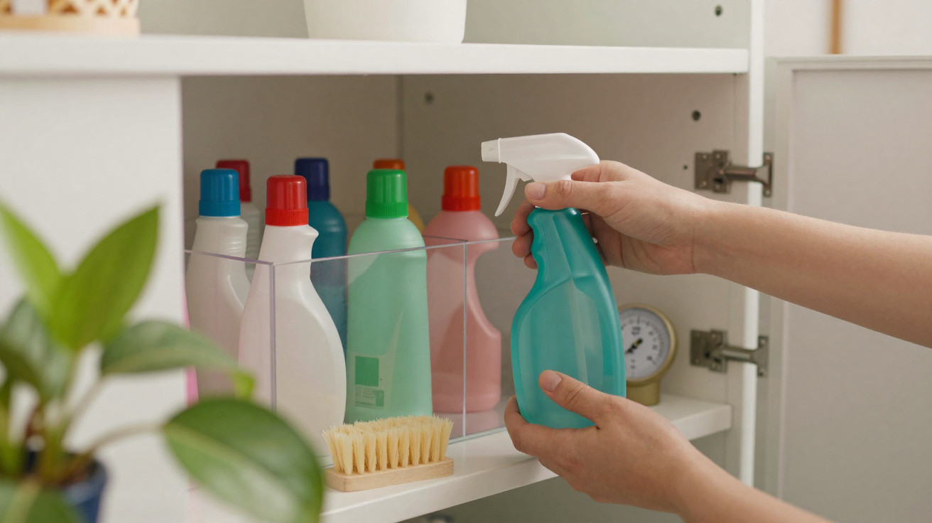 Mãos a segurarem um pulverizador azul dentro de armário com produtos de limpeza coloridos e escova de lavar.
